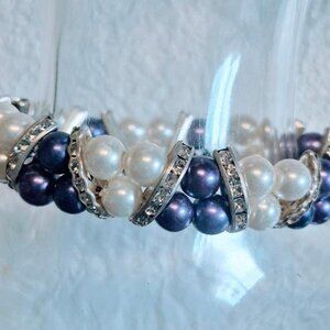 New Handmade Purple & White Pearl Glass Beads Rhinestone Stretch Bracelet